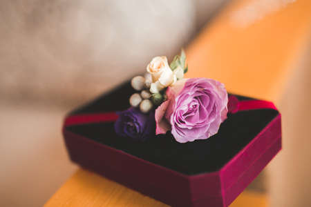 Beautiful wedding bouquet with different flowers, rosesの写真素材