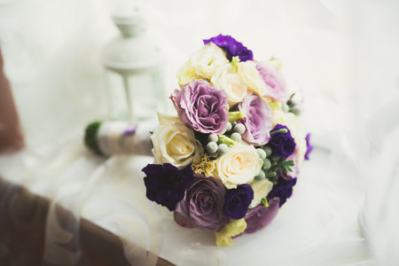 Beautiful wedding bouquet with different flowers, rosesの写真素材