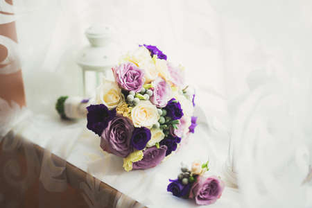 Beautiful wedding bouquet with different flowers, rosesの写真素材