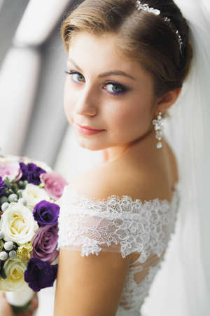 Beautiful luxury bride in elegant white dressの写真素材