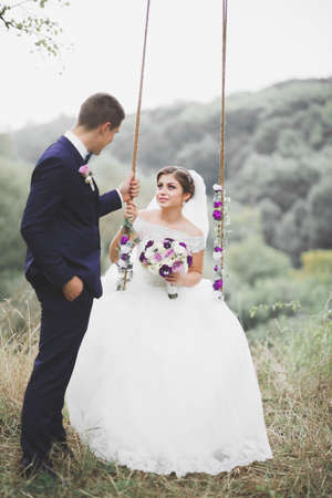 Perfect couple bride, groom posing and kissing in their wedding dayの写真素材