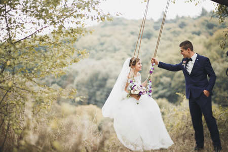Perfect couple bride, groom posing and kissing in their wedding dayの写真素材