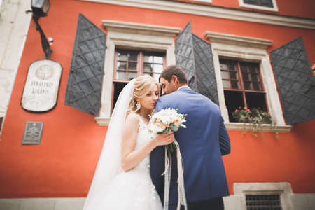 Lovely happy wedding couple, bride with long white dress posing in beautiful cityの写真素材