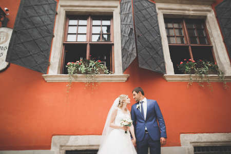 Lovely happy wedding couple, bride with long white dress posing in beautiful cityの写真素材