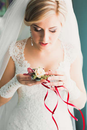 Beautiful bride wearing fashion wedding dress with feathers with luxury delight make-up and hairstyle, studio indoor photo shootの写真素材