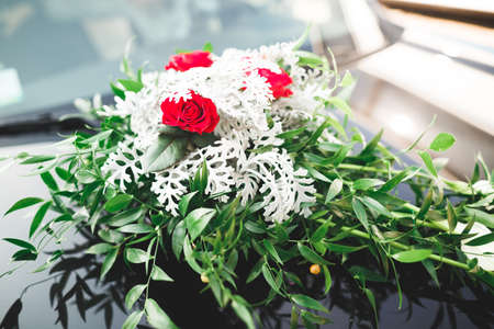 Wedding car decorated with beautiful, luxury flowersの写真素材