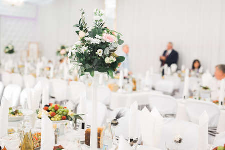 Interior of a restaurant prepared for wedding ceremonyの写真素材