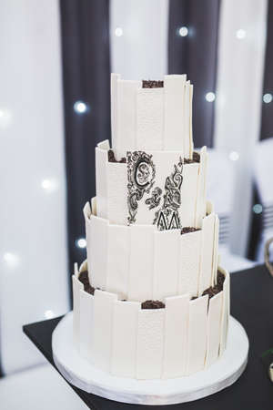 Luxury decorated wedding cake on the tableの写真素材