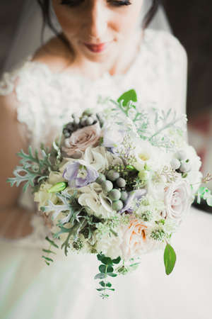 Gorgeous bride in robe posing and preparing for the wedding ceremony face in a roomの写真素材