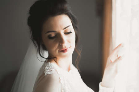 Luxury bride in white dress posing while preparing for the wedding ceremonyの写真素材