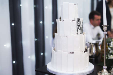Luxury decorated wedding cake on the tableの写真素材