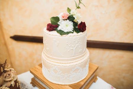 Luxury decorated wedding cake on the tableの写真素材