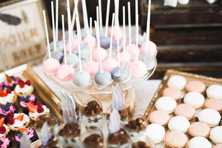 Delicious wedding reception candy bar dessert tableの写真素材