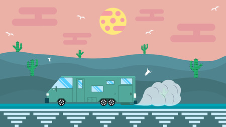 Fantastic illustration in flat design travel in the desert in house on wheelsのイラスト素材