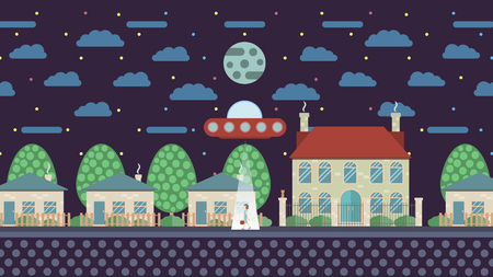 Fantastic illustration in flat design UFO abducts a human on the streetのイラスト素材