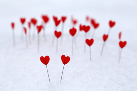 Love hearts on a snow. Romantic background, greeting card, Valentine's dayの写真素材