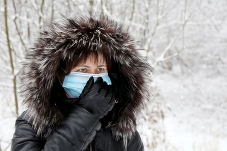 Coronavirus protection, woman in medical mask and fur hood standing in winter park during snow....