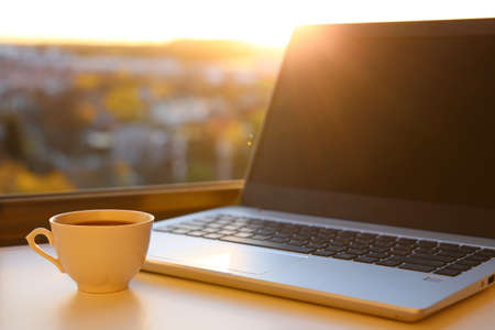Hot coffee cup and laptop on table against the window at sunrise. Cozy workplace in home office, concept of remote work and earning onlineの写真素材