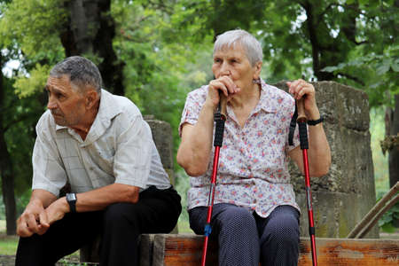 Elderly couple sitting on a bench in park. Senior man and woman together, healthy lifestyle in old...