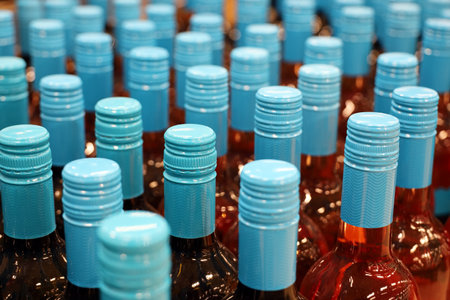 Wine bottles in a row, selective focus. Liquor store, red and rose wine production and retailの写真素材