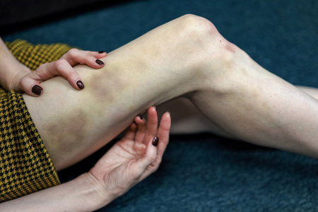 Slim girl sitting on the floor with bruises and contusions on her legsの写真素材