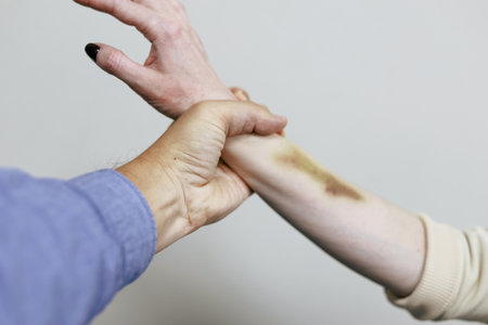 Man grabbed female hand. Domestic or office violence concept