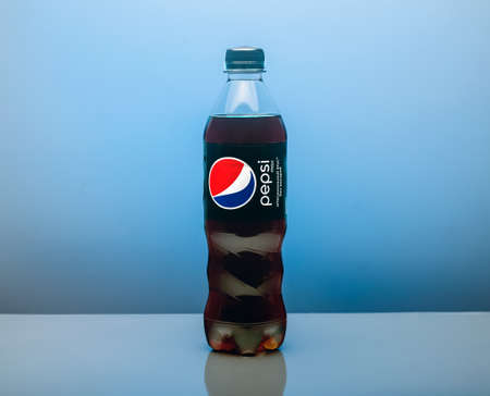 plastic bottle of Pepsi Cola MAX 0.5 liters on a blue background. Zero calories Pepsi soft drink bottle isolated on blue background. Moscow, Russia-April 2020のeditorial素材