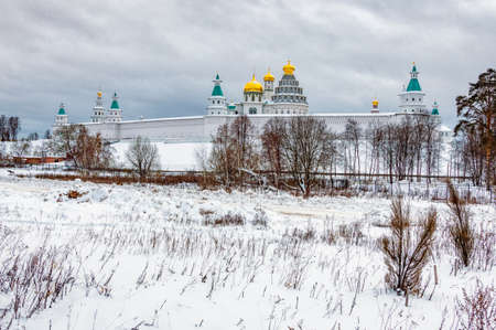 Panorama of the resurrection new Jerusalem Stavropol monastery in the city of Istra, on a cloudy winter day. New Jerusalem, Istra, Russia-January 2019のeditorial素材