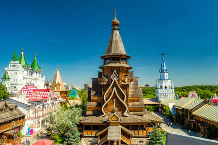 Wooden St. Nicholas Church of the Izmailovo Kremlin on a summer day against the blue sky. The Kremlin in Izmailovo and the Museum reflected ancient Russian architecture. Moscow, Russia, June 2018のeditorial素材
