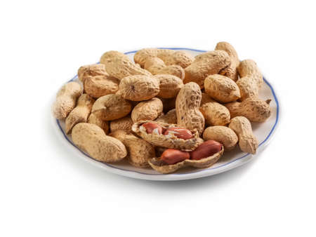 peanuts in a shell on a white saucer with a blue border, isolated on a white background