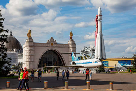 A copy of the Vostok launch vehicle and the Soviet Yak-42 airliner at the exhibition of Achievements...