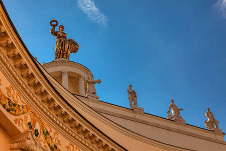 Decorative elements of pavilions at the exhibition of achievements of the national economy (VDNH) on a Sunny summer day. Popular tourist attraction. Russia, Moscow, August 2020のeditorial素材