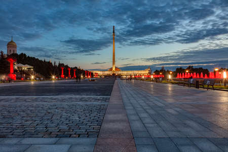 Colorful evening illumination at the memorial in Victory Park on Poklonnaya hill in Moscow. A Grand historical complex dedicated to soldiers. Russia, Moscow. August 2020のeditorial素材