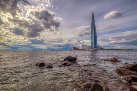 Lakhta center in Saint Petersburg. Shopping and office business center on the shore of the Gulf of Finland against a stormy summer sky. Saint Petersburg, Russia, August 2019の写真素材