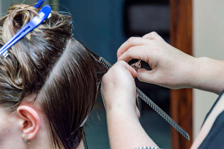 Barber working with scissors, young brunette. The barber cuts her hairの写真素材