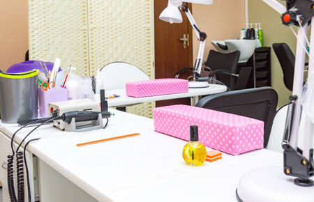 workplace of the hairdresser. mirror, glass shelf, toolsの写真素材