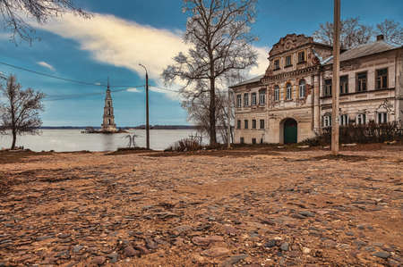 Kalyazinskaya bell tower of St. Nicholas Cathedral in the water (a flooded bell tower). Ancient bell tower of the flooded Church on the Volga. Kalyazin, Tver region, Russia.のeditorial素材