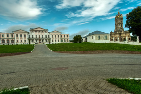 Estate Dubrovitsy. The main manor house and the Church of the Sign of the blessed virgin on a Sunny...