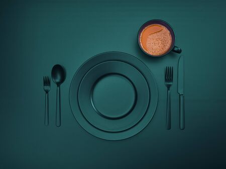 Emerald cup of coffee and ceramic dishes with a set of cutlery fork, knife and spoon, top view. Empty red dishes for breakfast or dinner in a restaurant. Copyspace for your individual text.の写真素材