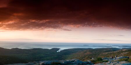 dramatic sunrise on the mount, acadia national park, panoの写真素材