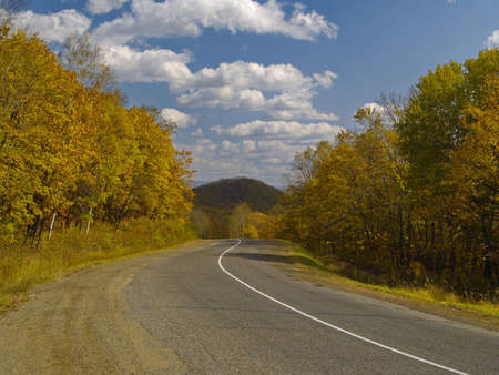 A landscape mountain road to an autumn wood Russia      の写真素材