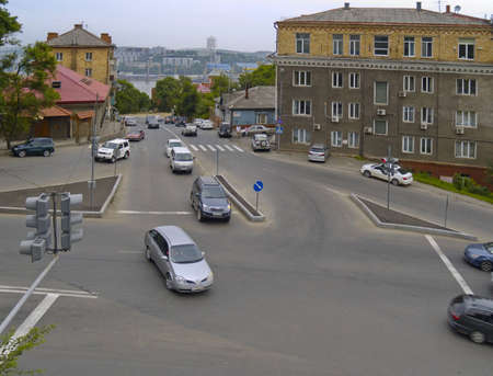 Crossroads of streets - an old city, Vladivostok, Russiaのeditorial素材