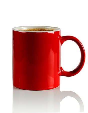 Red ceramic mug with coffee on white backgroundの写真素材