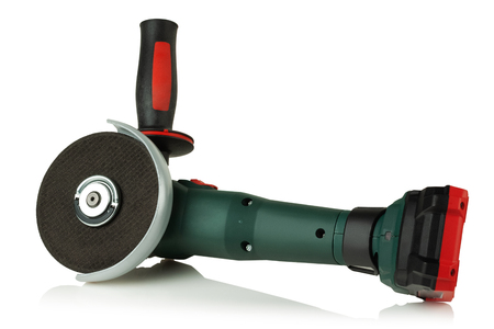 modern rechargeable angle grinder on white backgroundの写真素材