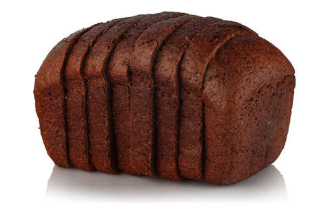 Sliced loaf of rye bread on a white background