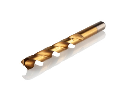 titanium nitride coated steel drill bit on white backgroundの写真素材