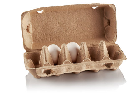 Two chicken eggs in an egg carton, on a white backgroundの写真素材