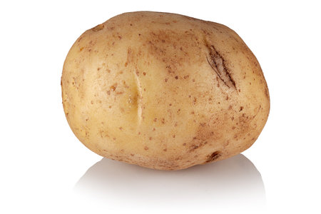 Fresh potatoes on a white reflective backgroundの写真素材