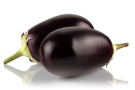 Two ripe, fresh eggplants on a white background.の写真素材