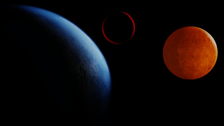 There are three floating planets in the dark night sky. 3D rendering